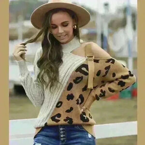 AMAZON | Women's Gray/Tan  Two-Toned Long Sleeved Cold Shoulder Sweater